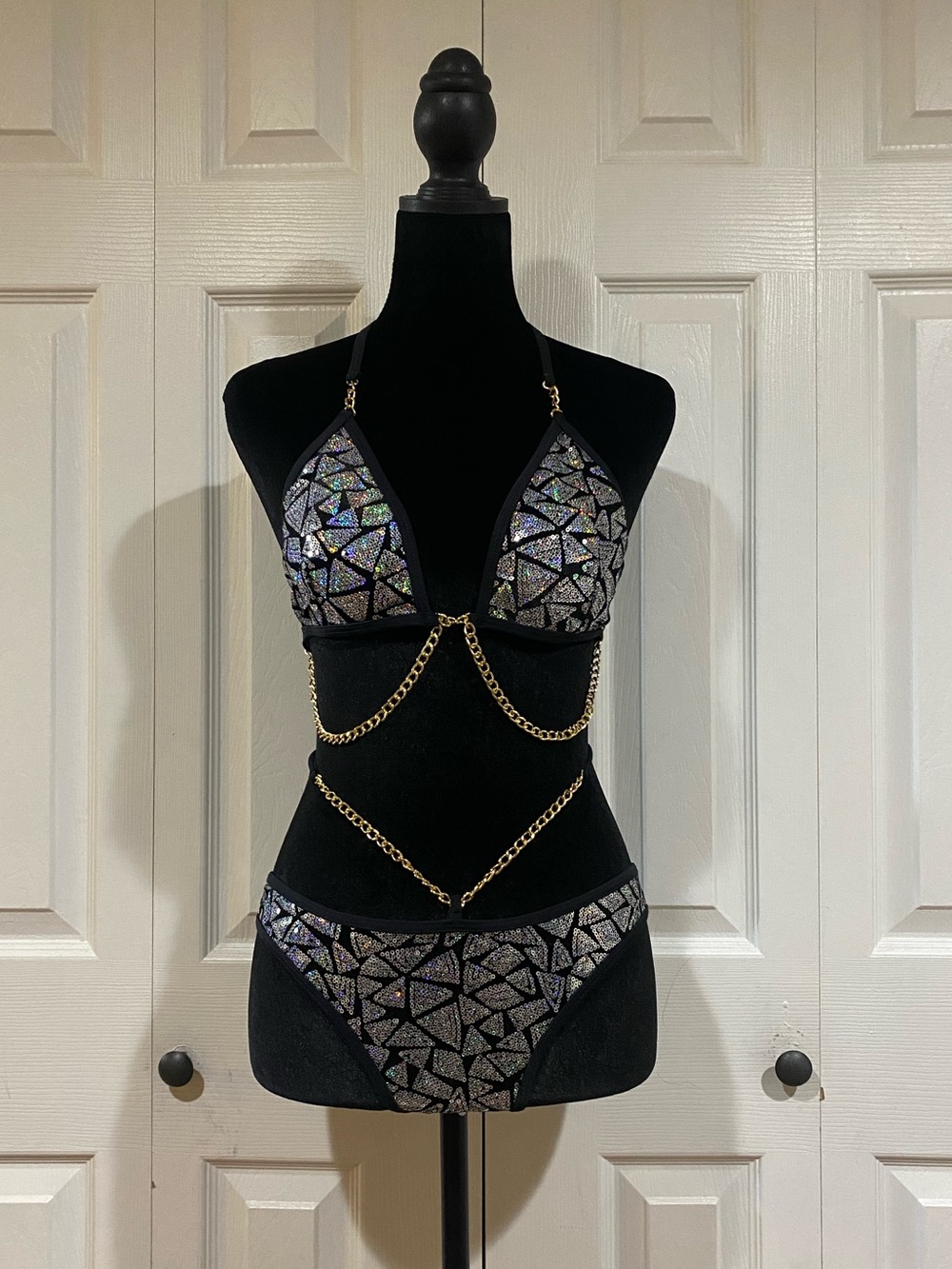 Black Sequin Holographic Halter Neck Two-Piece Bikini Set with Gold Chains
